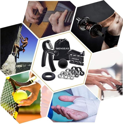 Grip Strength Trainer 7 Pack Adjustable Hand Gripper, Finger Stretcher Resistance Extensor Bands, Finger Exerciser, Grip Strength Ring & Stress Ball, Hand Grip Strengthener, Black