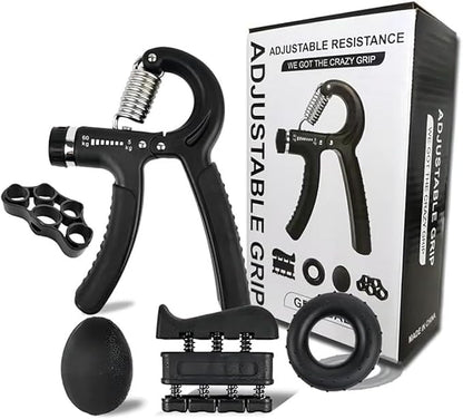 Hand Grip Strengthener Workout Kit, 5 Pack, Adjustable Resistance Grips and Stress Balls, Black