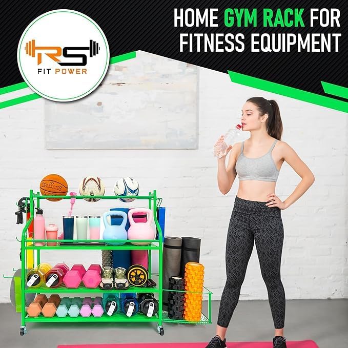 Dumbbell Rack – Weight Rack for Home Gym with Fitness Accessories – Neon Green Weight Storage Racks with Wheels – Home Gym Storage Rack with Side Basket for Dumbbells, Balls, Kettlebells