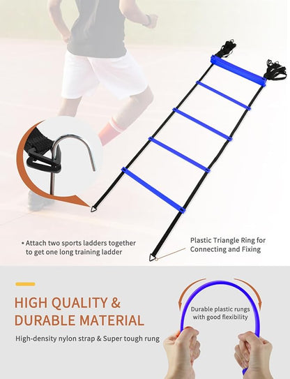 GHB Agility Ladder,Football Training Equipment Set,4 Agility Hurdles, 20 feet12 Rungs Speed Ladder,12 Disc Cones,Resistance Parachute, Jump Rope, 4 Resistance Bands