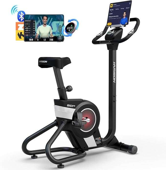 HARISON Electromagnetic Self-powered Upright Exercise Bike, 2 in 1 LED Display for Resistance Control and Data Record, 350 LBS Capacity Stationary Bike for Home with Bluetooth, 32-Level Resistance