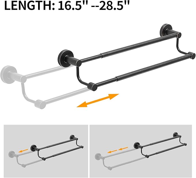 BESy Adjustable 16.5-28.5 Inches Double Bath Towel Bar for Bathroom SUS304 Stainless Steel Towel Holder, Hotel Style Wall Mount with Screws Hand Towel Bar，Towel Rack Rod Hanger, Oil Rubbed Bronze