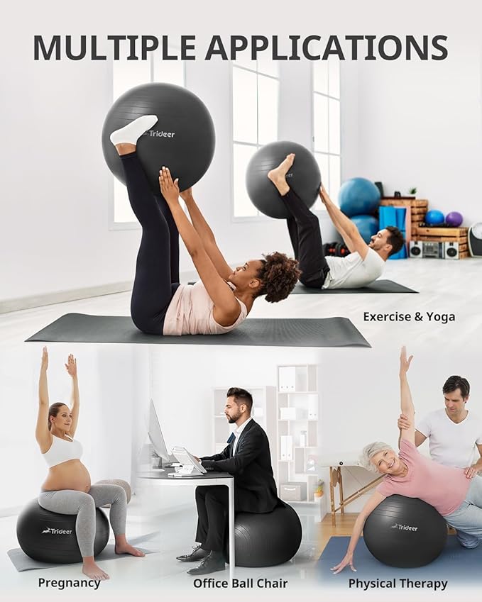 Trideer Yoga Ball Exercise Ball for Working Out, 5 Sizes Gym Ball, Birthing Ball for Pregnancy, Swiss Ball for Physical Therapy, Balance, Stability, Fitness, Office Ball Chair, Quick Pump Included