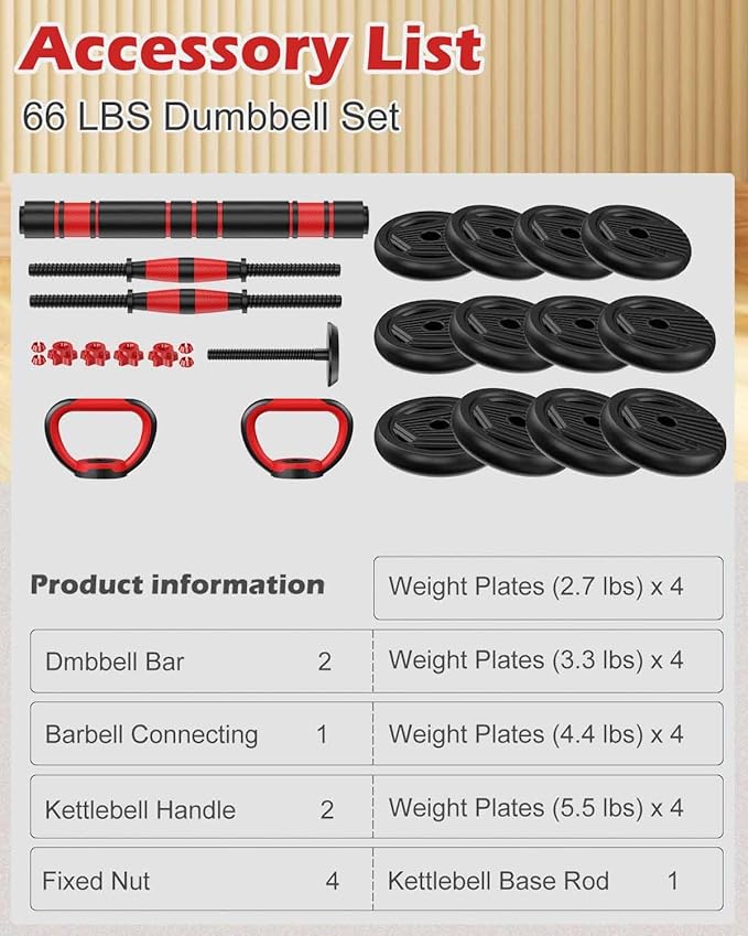 Adjustable Dumbbell Set - Free Weights Set with Connector - 4 in1 Weights Dumbbells Set Used as Barbell, Kettlebells, Push up Stand - Fitness Exercises for Home Gym Exercises