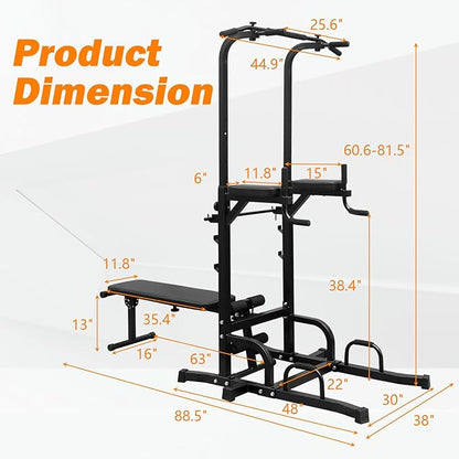 Power Tower with Bench, Pull Up Bar Dip Station with Adjustable Height, Training Workout Equipment, Foldable Heavy Duty Full Body Strength Training Power Tower