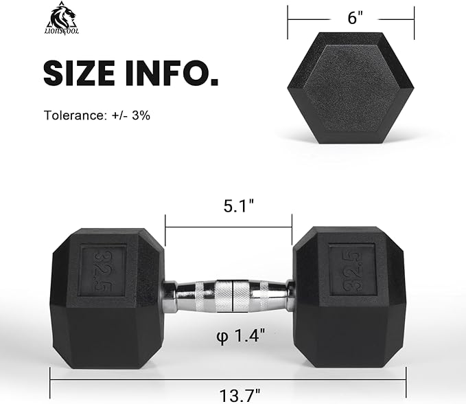 LIONSCOOL Rubber Encased Hex Dumbbells in Pairs or Single 5-65lbs