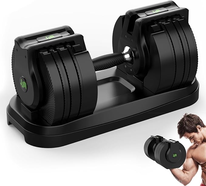 JJM 50LB Adjustable Dumbbells. One-handed grip rotates to 6.5-50LB weight