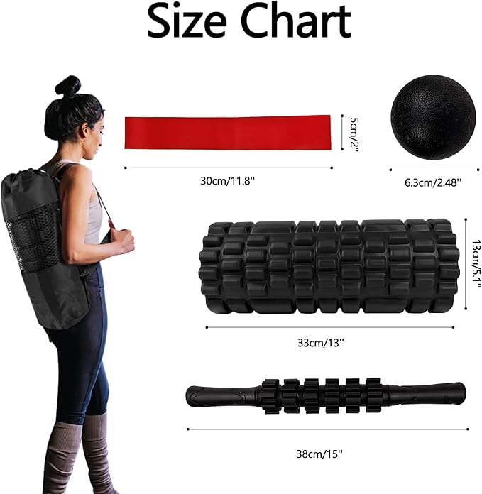 5 in 1 Foam Roller Set for Deep Tissue Muscle Massage, Trigger Point Fitness Exercise Foam Roller, Massage Roller, Massage Ball, Stretching Strap, for Whole Body (Black)