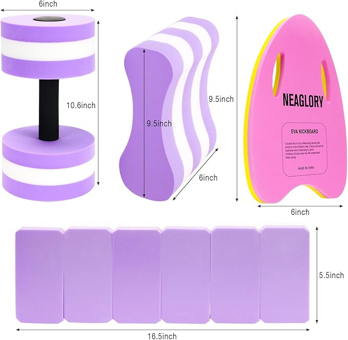 NEAGLORY 5 Pieces Water Aerobics Set Aquatic Exercise Set Pool Fitness Equipment Foam Water Dumbbell, Swim Kickboard, Pull Buoy, Aquatic Swim Belt for Water Exercise