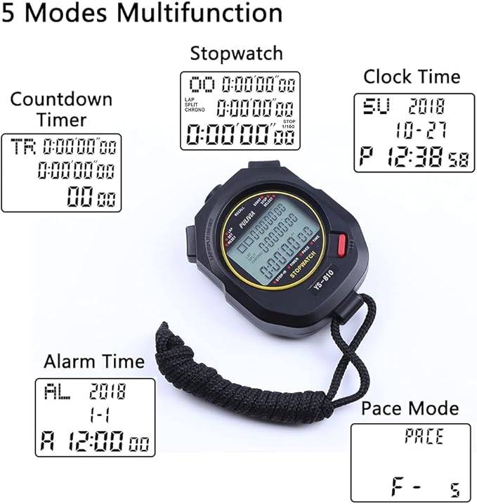 Sports Stopwatch Timer 10 Lap Split Memory Digital Stopwatch, Countdown Timer Pace Mode 12/24 Hour Clock Calendar with Alarm, 3 Rows Display Large Screen Water Resistant Battery Included