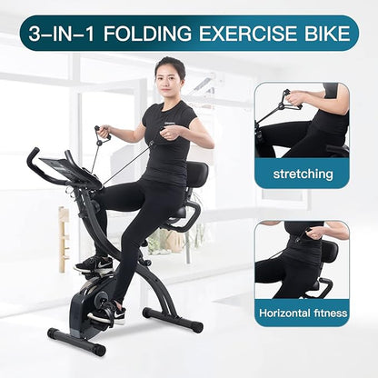 MAIBO Foldable Stationary Bike, Indoor Exercise Bike Stationary Bicycle For Seniors Home Workout With Arm Resistance Band Magnetic Resistance, Comfort Back Support Cushion & 4th gear Backrest Adjustments, Heart-Rate Monitor LCD Monitor