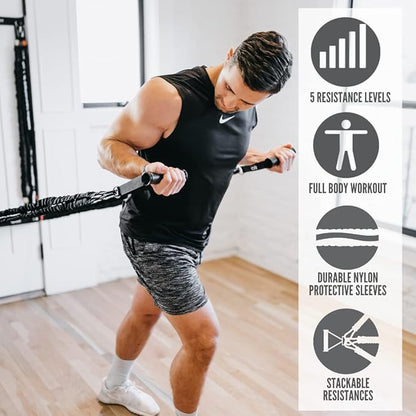 Resistance Cord Strength System, with Interchangeable Handles, Protective Nylon Sleeves, Foot Straps, Anchor Straps, and Carrying Bag. Perfect for Dynamic Warmups, Crossfit, and Rehab - Black Deluxe Edition