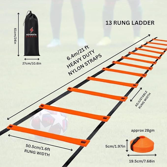 DELUXE EDITION Agility Ladder Training Set - 13 21ft Agility w/13 Disc w/4 Steel