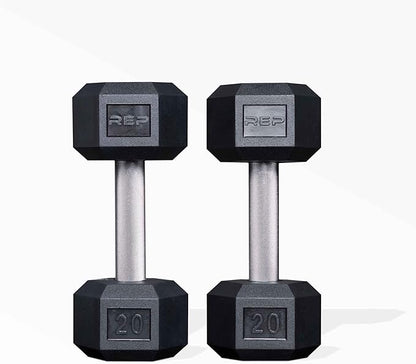 Rep Fitness Rubber Hex Dumbbell(s) - Singles (55LB +) and Pairs (5LB - 50LB) - Low Odor, Fully Knurled Handle