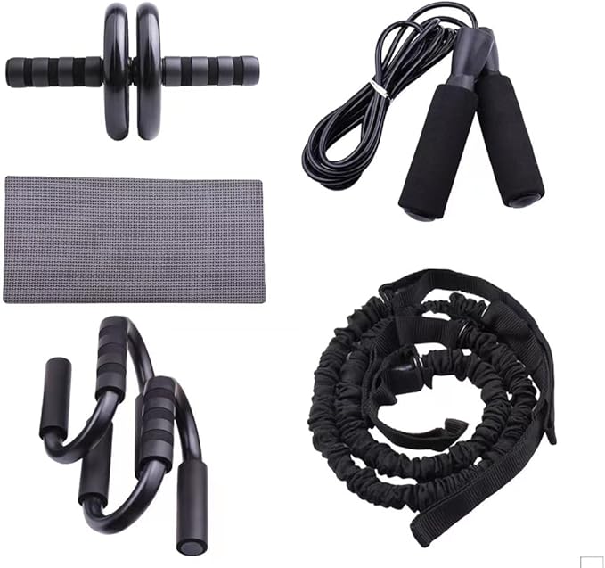 5-in-1 AB Wheel Roller Kit with Push-Up Bar, Knee Mat, Jump Rope and Hand Gripper - Home Gym Workout for Men Women Core Strength & Abdominal Exercis, Black, 9.84x8.39x4.72inch