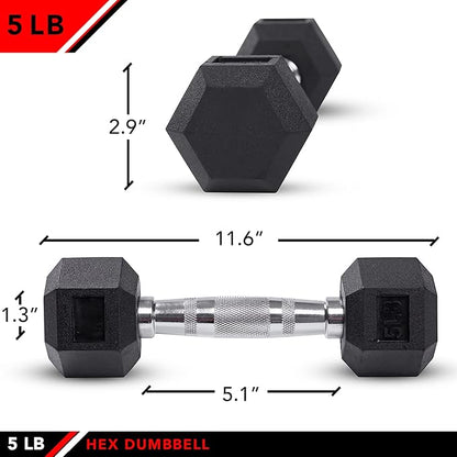 JFIT Rubber Hex Dumbbell - 15 Size, Single and Pair Options, 4-50lbs - Shaped Heads Prevent Rolling and Injury - Ergonomic Hand Weights for Exercise, Therapy, Muscle, Strength and Weight Training