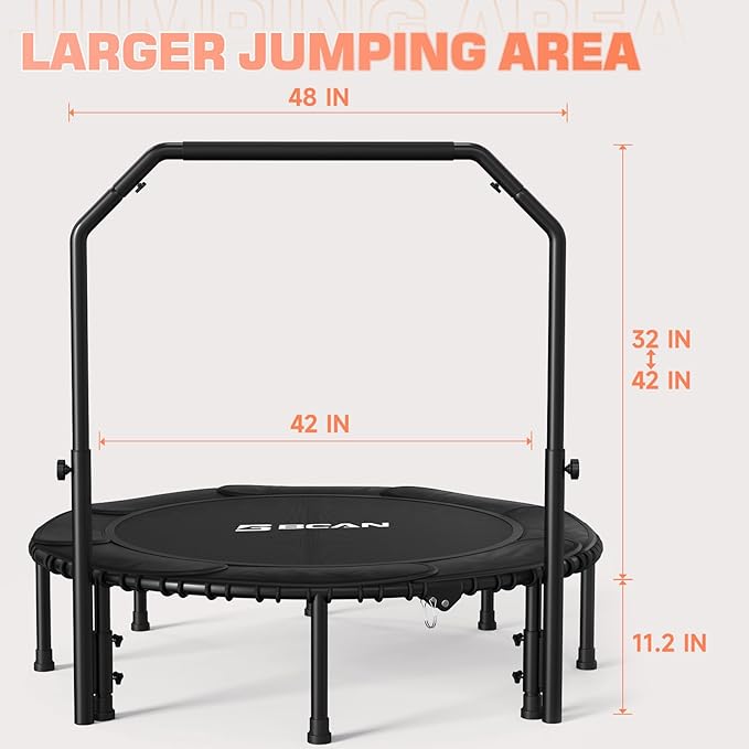 BCAN 450/550 LBS Foldable Mini Trampoline, 40"/48" Fitness Trampoline with Bungees, U Shape Adjustable Foam Handle, Stable & Quiet Exercise Rebounder for Adults Indoor/Outdoor Workout