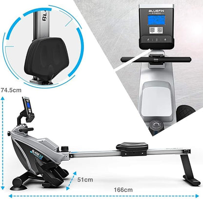 Bluefin Fitness Rower Machine Blade Home Gym Foldable | Magnetic Resistance Rower | 8 x Tension Levels | Smooth Belt Drive | LCD Digital Fitness Console | Smartphone App | Black & Grey Silver