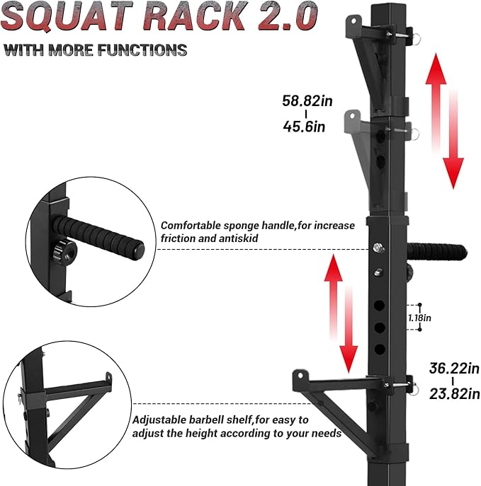 CANPA Squat Rack, Adjustable Barbell Rack Strength Training Barbell Stand with Dip Station Multi-Function Squat Stand Equipment for Home Gym Fitness 600Lbs