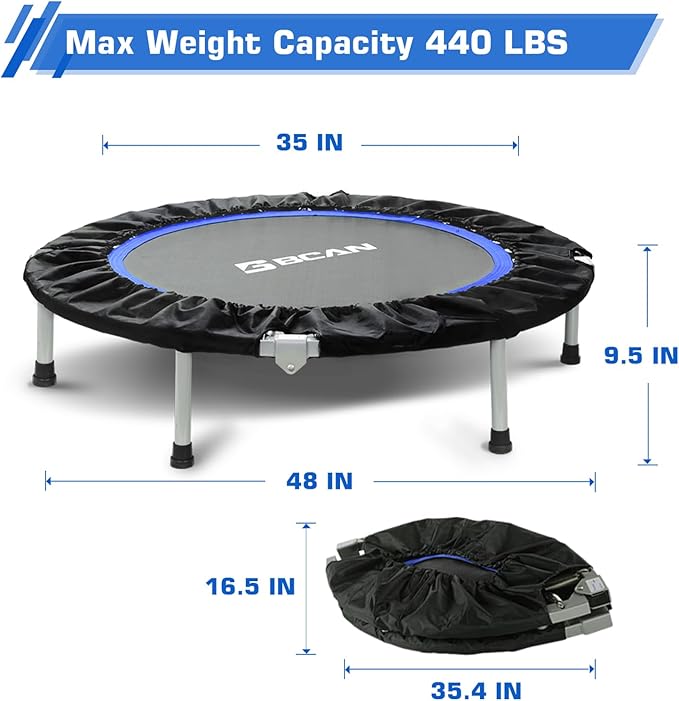 BCAN 40/48" Foldable Mini Trampoline Max Load 330lbs/440lbs, Fitness Rebounder with Adjustable Foam Handle, Exercise Trampoline for Adults Indoor/Garden Workout