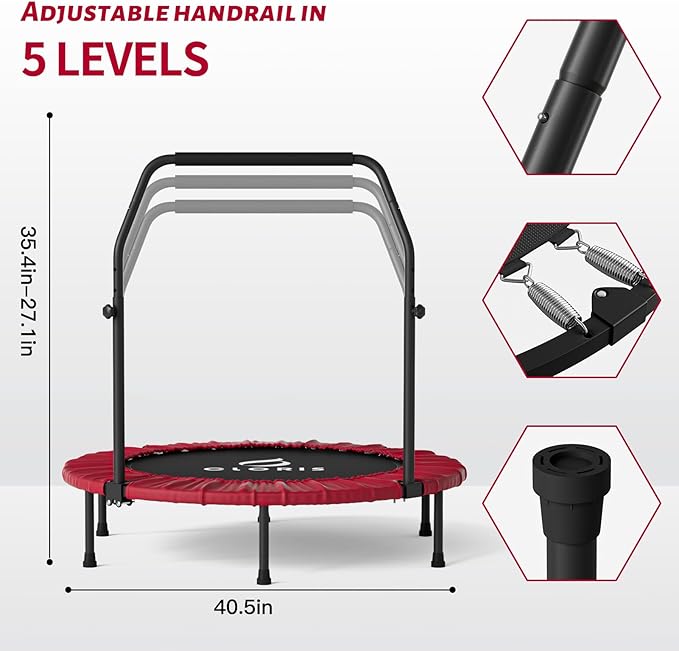 CLORIS 40in Folding Trampoline Mini Rebounder Fitness Trampoline with Adjustable Foam Handle for Kids/Adult, with safty Padded Cover Best Gift for Kids/Adult