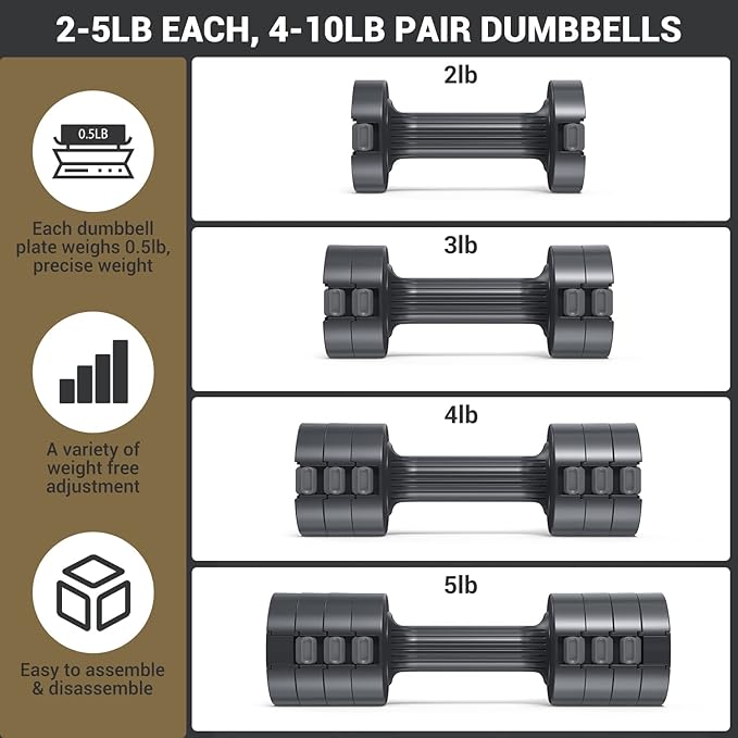 Adjustable Dumbbells Hand Weights Set: Sportneer 5 lb Dumbbells Set of 2 Each 2lb 3lb 4lb 5lb Free Weights Fast Adjust Weight 4 In 1 Weights Dumbbells Set for Women Men Home Gym Exercise Training