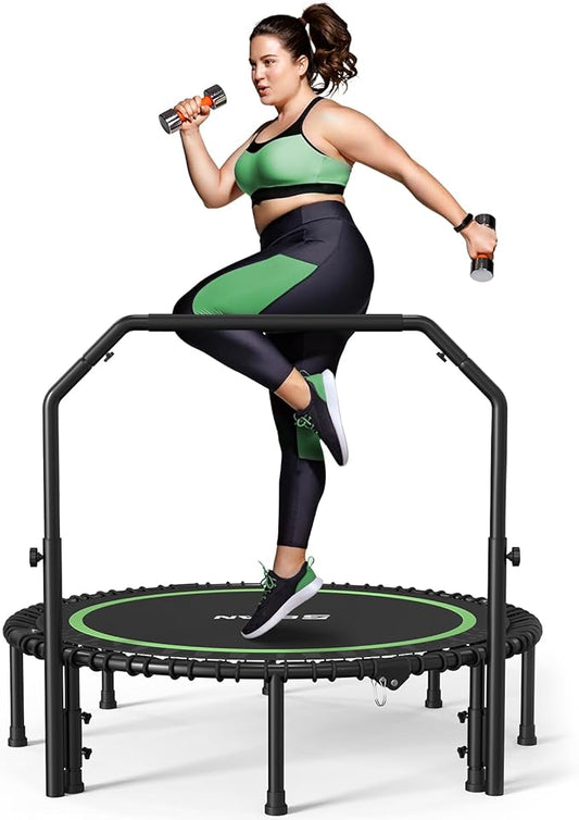 BCAN 450/550 LBS Foldable Mini Trampoline, 40"/48"/50" Fitness Trampoline with Bungees, U/T Shape Adjustable Foam Handle, Stable & Quiet Exercise Rebounder for Kids Adults Indoor/Garden Workout