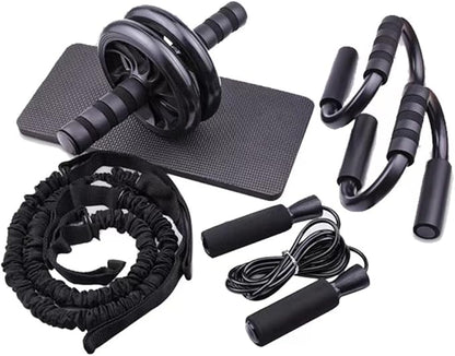 5-in-1 AB Wheel Roller Kit with Push-Up Bar, Knee Mat, Jump Rope and Hand Gripper - Home Gym Workout for Men Women Core Strength & Abdominal Exercis, Black, 9.84x8.39x4.72inch