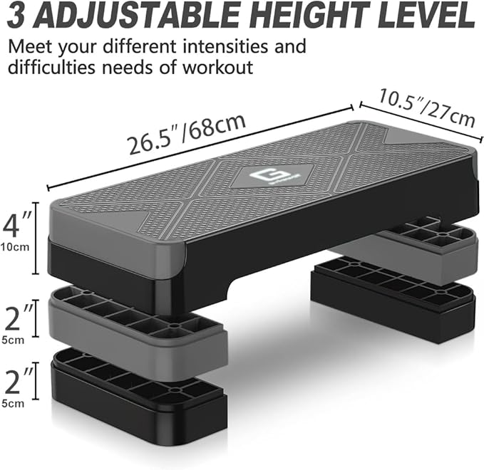 Aerobic Exercise Step, Adjustable Aerobic Stepper for Exercise, Workout Step Platform for Step Up, 26.5" Step Deck with 4” 6” 8” Adjustable Height Risers, Women Home Gym Cardio Fitness