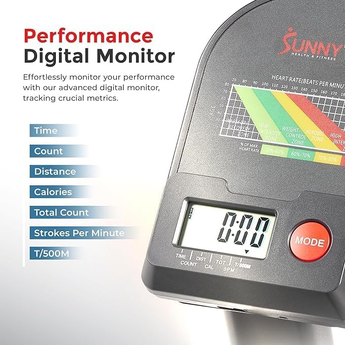 Sunny Health & Fitness Smart Compact Full Motion Rowing Machine, Full-Body Workout, Low-Impact, Extra-Long Rail, 350 LB Weight Capacity and Optional SunnyFit® App Enhanced Connectivity