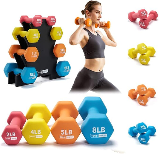 4 Tiers 38Lbs Weights Dumbbells Sets with Rack, Pairs 2/4/5/8Lbs Neoprene Coated Dumbbell Set Stand,Free for Home Gym For Woman Men