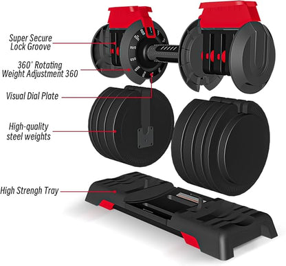 Adjustable Dumbbell, 52.5LBS Dumbbell Adjustable Weight, 1-Sec Fast Adjust Dumbbells, 12 Free Weights with Anti-Slip Metal Handle, Home Gym Workout Equipment for Men and Women (Single)