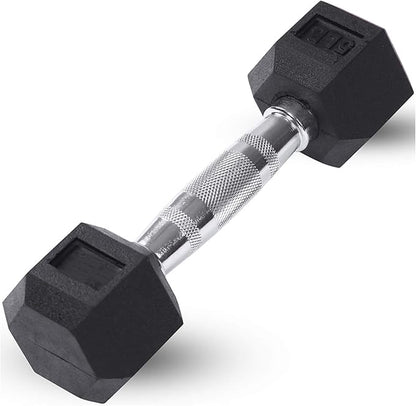 JFIT Rubber Hex Dumbbell - 15 Size, Single and Pair Options, 4-50lbs - Shaped Heads Prevent Rolling and Injury - Ergonomic Hand Weights for Exercise, Therapy, Muscle, Strength and Weight Training