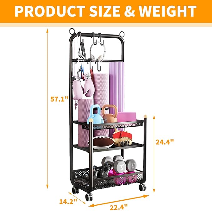 Home Gym storage, Yoga Mat Storage Weight Rack, Workout Equipment Storage, Dumbbell Kettlebells Home Gym Storage Rack with wheels