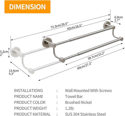 BESy Adjustable 16.5-28.5 Inches Double Bath Towel Bar for Bathroom SUS304 Stainless Steel Towel Holder, Hotel Style Wall Mount with Screws Hand Towel Bar, Towel Rack Rod Hanger, Brushed Nickel Finish