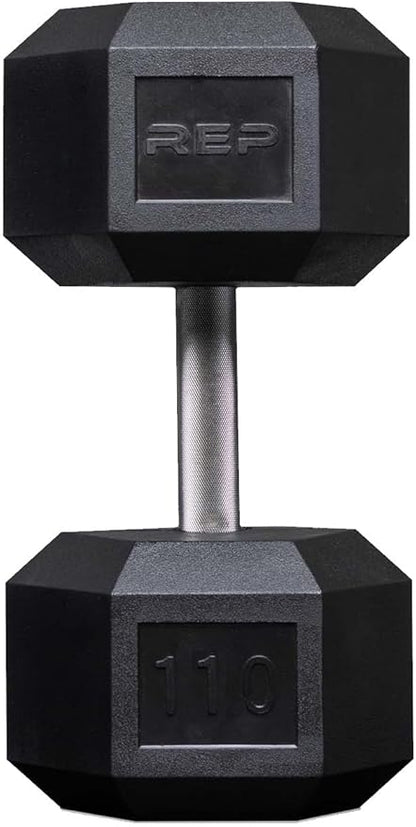 Rep Fitness Rubber Hex Dumbbell(s) - Singles (55LB +) and Pairs (5LB - 50LB) - Low Odor, Fully Knurled Handle