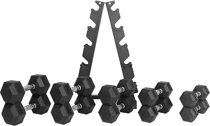 Signature Fitness Premium Rubber Coated Hex Dumbbell Weight Set, Multiple Packages