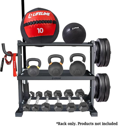 Lifeline Fitness Home Gym 3-Shelf Dumbbell and Kettlebell Storage Rack with Rope and Band Hook - Holds up to 440 LBS - Robust Gym Equipment Storage Solution