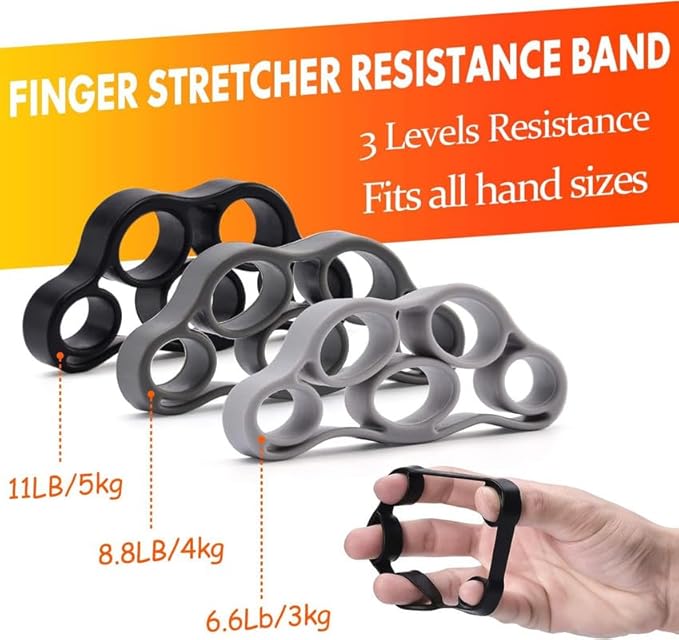 Grip Strength Trainer 7 Pack Adjustable Hand Gripper, Finger Stretcher Resistance Extensor Bands, Finger Exerciser, Grip Strength Ring & Stress Ball, Hand Grip Strengthener, Black