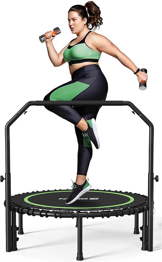 BCAN 450/550 LBS Foldable Mini Trampoline, 40"/48" Fitness Trampoline with Bungees, U Shape Adjustable Foam Handle, Stable & Quiet Exercise Rebounder for Adults Indoor/Outdoor Workout