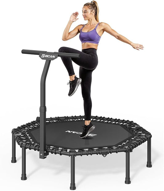 BCAN 48"/51" Mini Trampoline, 450/550 LBS Fitness Trampoline with T-Adjustable Handle Bar, Bungees, Stable & Quiet Exercise Rebounder for Adults Indoor/Garden Workout-Green