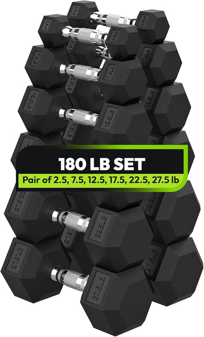 Hex Dumbbell Set, 3-100 lb Rubber Encased Exercise & Fitness Dumbbells, Weights Dumbbells Set of 2, Hand Weight for Strength Training (Single, Pair, Set)