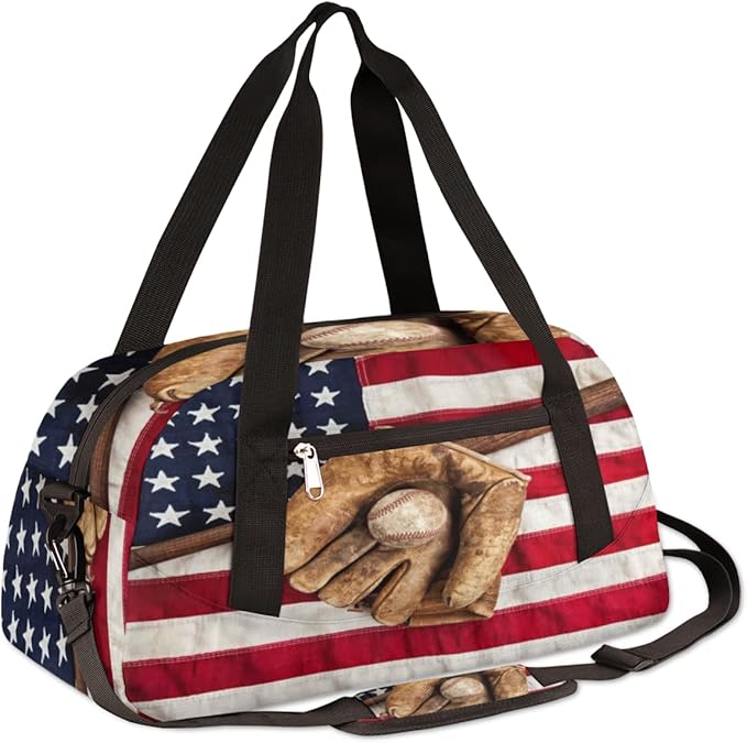 Vintage Ball Baseball American Flag Gym Bag for Women Men, Small Travel Duffel Bag for Sports Getaway Overnight Bag Lightweight Weekender Bags Workout Bag Dance Bag for Boys Girls Kids Teens