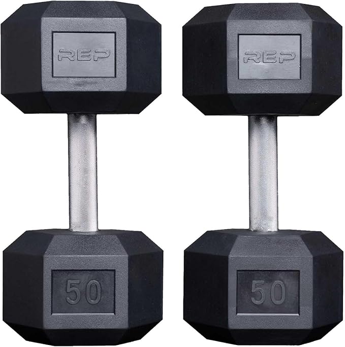 Rep Fitness Rubber Hex Dumbbell(s) - Singles (55LB +) and Pairs (5LB - 50LB) - Low Odor, Fully Knurled Handle