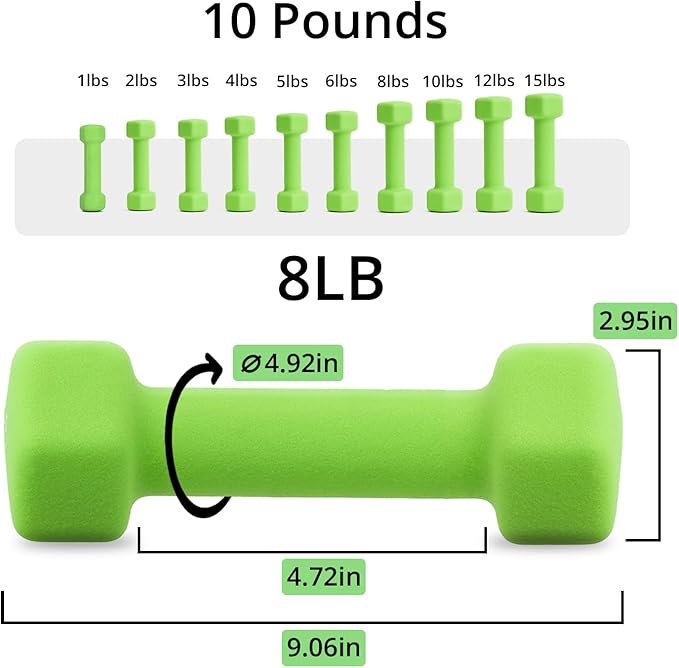 Set of 2 Neoprene Dumbbell Hand Weights, Anti-slip, Anti-roll, Green (Neoprene Dumbbells)