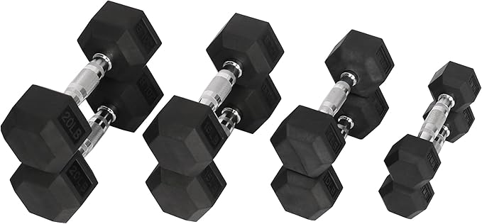 Signature Fitness Premium Rubber Coated Hex Dumbbell Weight Set, Multiple Packages