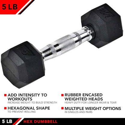 JFIT Rubber Hex Dumbbell - 15 Size, Single and Pair Options, 4-50lbs - Shaped Heads Prevent Rolling and Injury - Ergonomic Hand Weights for Exercise, Therapy, Muscle, Strength and Weight Training