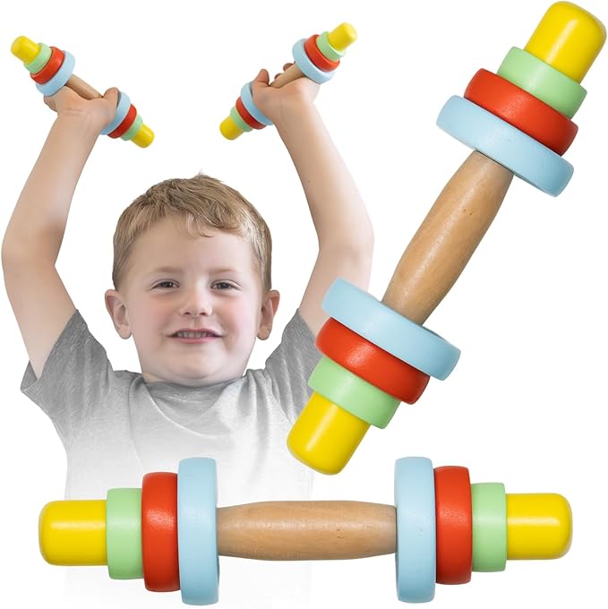 Kids Wooden Toy Dumbbell Set: Colorful Toddler Workout 2pc Kids