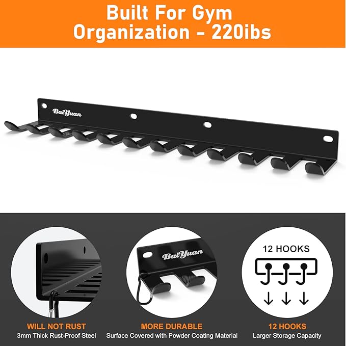 Home Gym Storage Rack - Multi-Purpose Heavy Duty Gym Rack Organizer, Wall Mount Barbell Rack Gym Equipment Hanger for Olympic Barbells, Resistance Bands, Jump Ropes, Row Handles, etc. (26", 12 Hook)