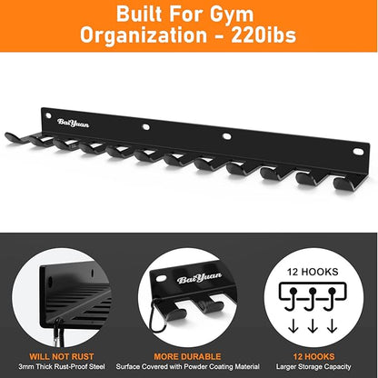 Home Gym Storage Rack - Multi-Purpose Heavy Duty Gym Rack Organizer, Wall Mount Barbell Rack Gym Equipment Hanger for Olympic Barbells, Resistance Bands, Jump Ropes, Row Handles, etc. (26", 12 Hook)